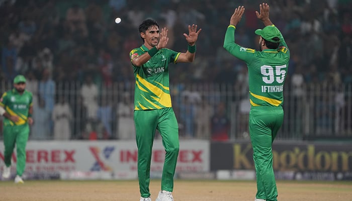 Markhors pacer Akif Javed celebrates a wicket with teammate during Markhors vs Panthers match of the Champions One-Day Cup at Iqbal Stadium in Faisalabad on September 12, 2024. – PCB