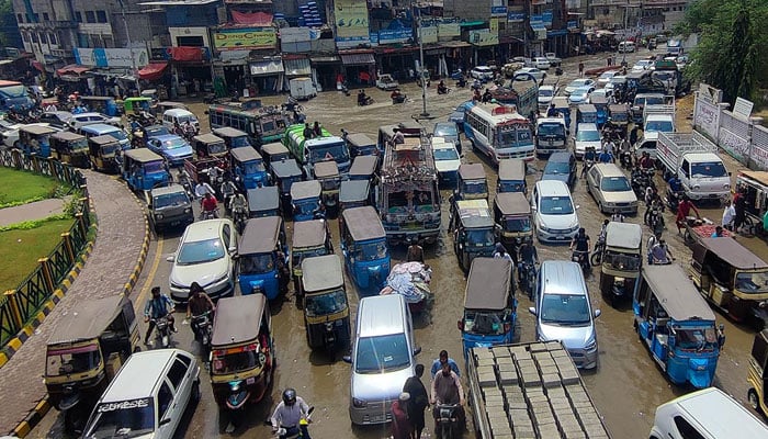 A view of traffic jam near Water Pump in Karachi on July 20, 2024. — INP