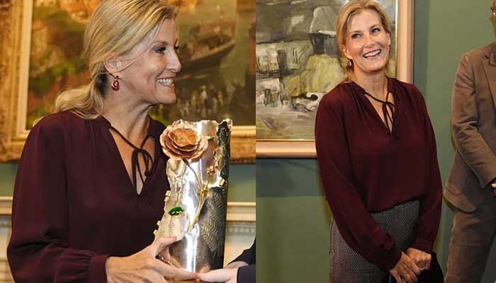 Duchess Sophie looks stunning in v-neck burgundy blouse at an event in London