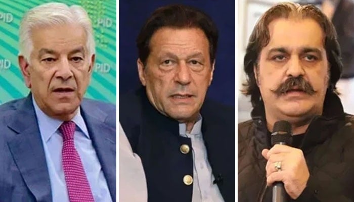 Defense Minister Khawaja Asif (Left), PTI founder Imran Khan (Centre), KP Chief Minister Ali Amin Gandapur (Right). — AFP/Facebook/AliAminKhanGandapur/PID/File