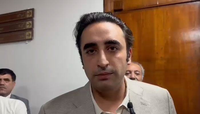 PPP Chairman Bilawal Bhutto Zardari speaks to journalists in Parliament House in Islamabad. — Screengrab/Geo News