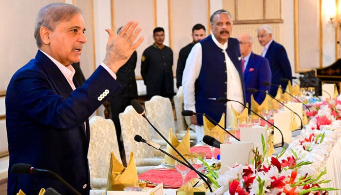 Prime Minister Shehbaz Sharif speaks during a dinner hosted for parliamentarians in Islamabad on September 14, 2024. — PMO