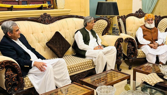 JUI-F Chief Maulana Fazlur Rehman (right) meets Federal Law Minister Azam Nazeer Tarar (centre) and Interior Minister Mohsin Naqvi in this image released on September 15, 2024. — Screengrab via Facebook/@juipakofficial/File