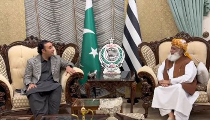 PPP Chairman Bilawal Bhutto Zardari meets JUI-F Chief Maulana Fazlur Rehman in this image released on September 15, 2024. — Screengrab via Facebook/@juipakofficial/File