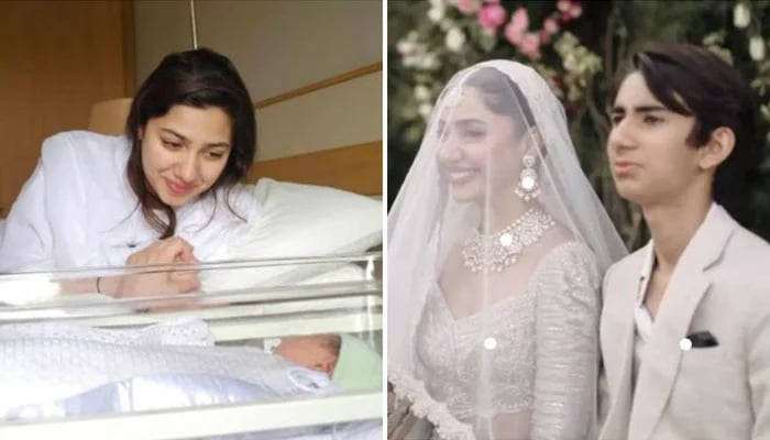 A collage of the throwback picture of Mahira Khan warmly gazing at her newborn son, Azlan, after giving birth on September 15, 2009, and a still taken from a video showing the actor alongside Azlan, from her wedding day with Salim Karim last year. — Instagram/@mahirahkhan