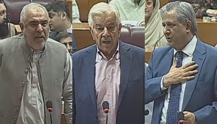 PTIs Asad Qaiser (left), Defence Minister Khawaja Asif (centre) and Federal Law Minister Azam Nazeer Tarar speak during NA session in Islamabad on September 16, 2024. — Screengrab via YouTube/@NaofPakistan