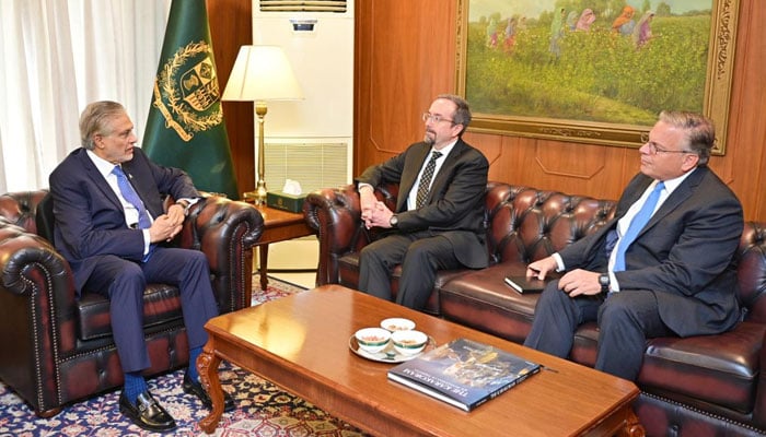 Deputy Prime Minister and Foreign Minister Mohammad Ishaq Dar (left) meets the Acting Under Secretary of State for Political Affairs John Bass alongside US Ambassador to Pakistan Donald Blome on September 17, 2024. — X/@ForeignOfficePk