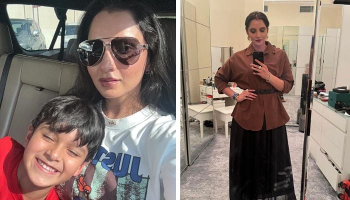 Indian tennis star Sania Mirza gestures for a photograph with her son and takes a mirror selfie in this combined image. — Instagram/@mirzasaniar