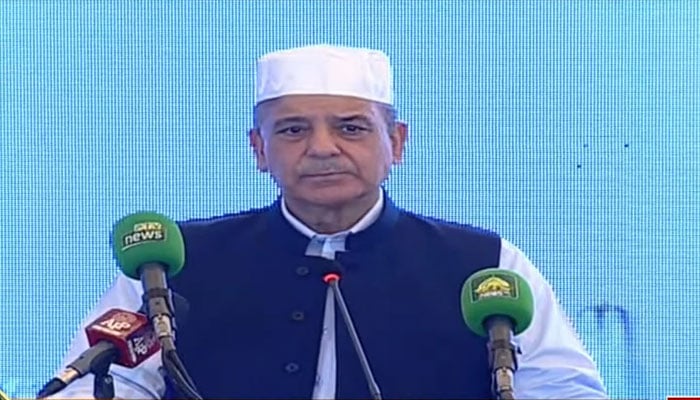 Prime Minister Shehbaz Sharif addresses ceremony to mark Eid Milad un Nabi on September 17, 2024, in this still taken from a video. — Geo News Live/YouTube