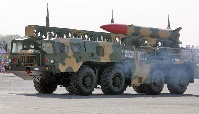 A Pakistani millitary vehicle carrying a Hatf II Abdali missile during the National Day parade in Islamabad on March 23, 2007. — AFP