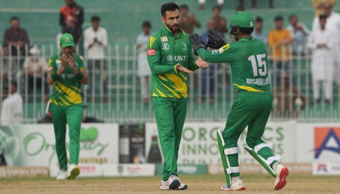 The Markhors celebrate a wicket during the game against the Dolphins during the sixth game of the Champions One-Day Cup at the Iqbal Stadium, Faisalabad on September 18, 2024. — PCB