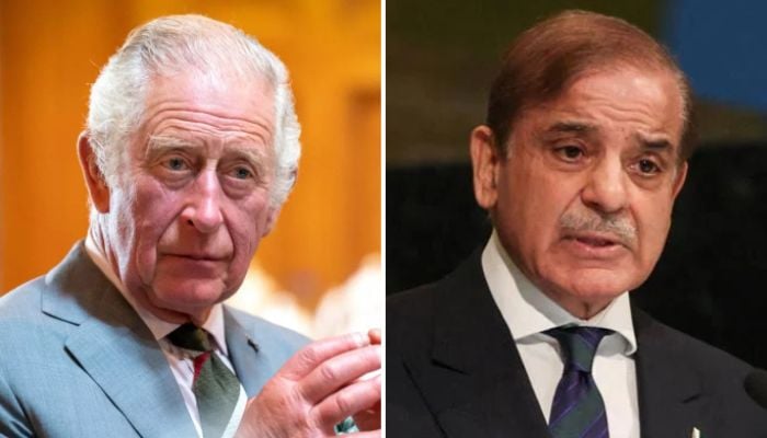 King Charles III of the United Kingdom during an event in Scotland (L) and Prime Minister Shehbaz Sharif speaking at an event. — AFP/Reuters/File