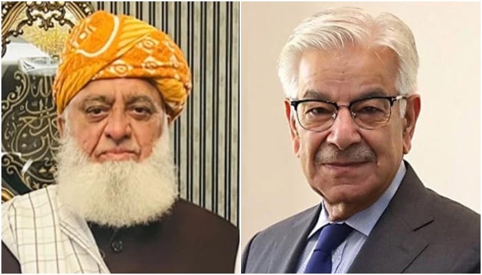 Defence Minister Khawaja Asif (left) and JUI-F Chief Maulana Fazlur Rehman. — INP/Facebook/Maulana Fazl ur Rehman