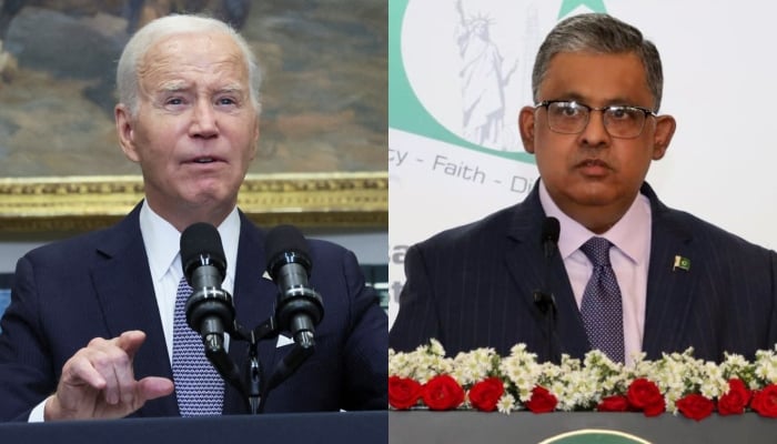 A combination of images shows US President Joe Biden (left) and Pakistans envoy to US Rizwan Saeed Sheikh. — Reuters/File/X/@PakinUSA