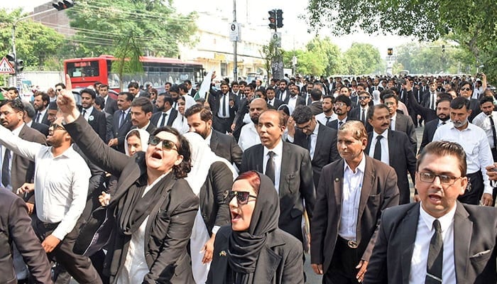 Lawyers protesting in Lahore on September 21, 2023. — Online