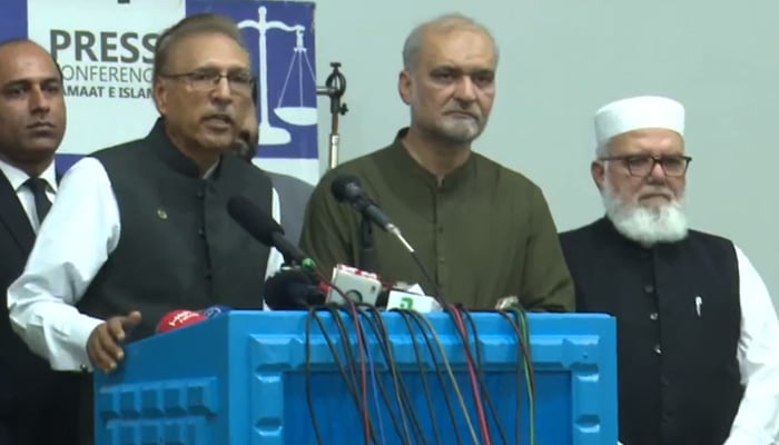 Former president Dr Arif Alvi (left), JI Emir Hafiz Naeemur Rehman (centre) and JI Vice Emir Liaqat Baloch address the press conference at Mansoora Lahore on September 19, 2024. — Screengrab via Geo News