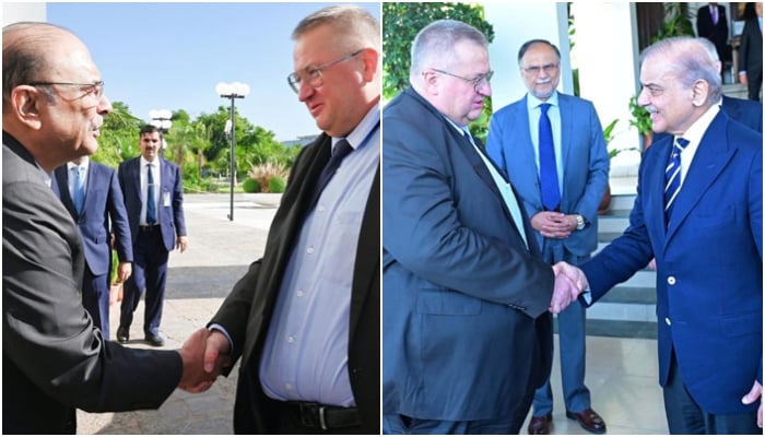 Russian Deputy Prime Minister Alexei Overchuk holds separate meetings with President Asif Ali Zardari (left) and PM Shehbaz Sharif (right) in Islamabad on September 19, 2024. — PID