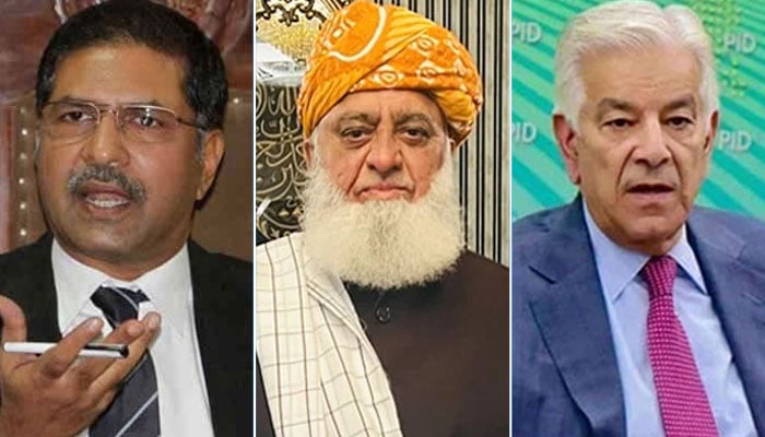 PTI Senator Syed Ali Zafar (left), JUI-F Chief Maulana Fazlur Rehman (centre), and Defence Minister Khawaja Asif. — APP/Facebook/Maulana Fazl ur Rehman/ PID/File