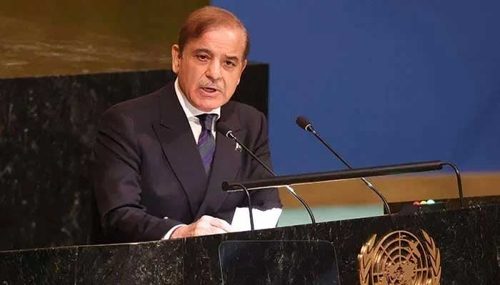 Prime Minister Shehbaz Sharif speaks at the 77th session of the United Nations General Assembly (UNGA) at UN headquarters on September 23, 2022 in New York City. — AFP