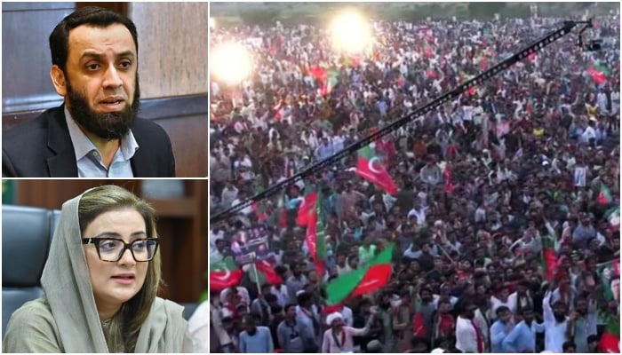 Clockwise from top left: Information Minister Ataullah Tarar, PTI workers attending the power show in Lahore, Kahna, on September 21, 2024, and Punjab Information Minister Azma Bokhari. — Screengrab/Geo News/APP/Facebook/@AzmaBokhariPMLN