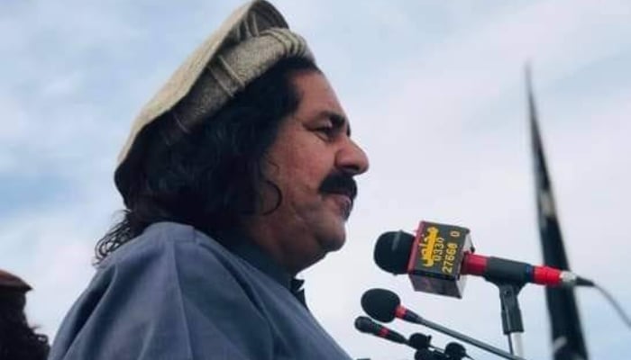 PTM leader Ali Wazir is addressing a public gathering on June 22, 2024. X/@Aliwazirna50