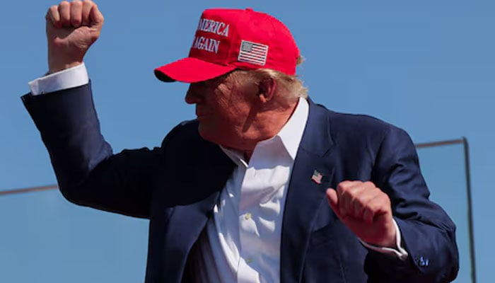 Republican presidential nominee and former US President Donald Trump gestures at a campaign rally in Wilmington, North Carolina, US, September 21, 2024. — Reuters