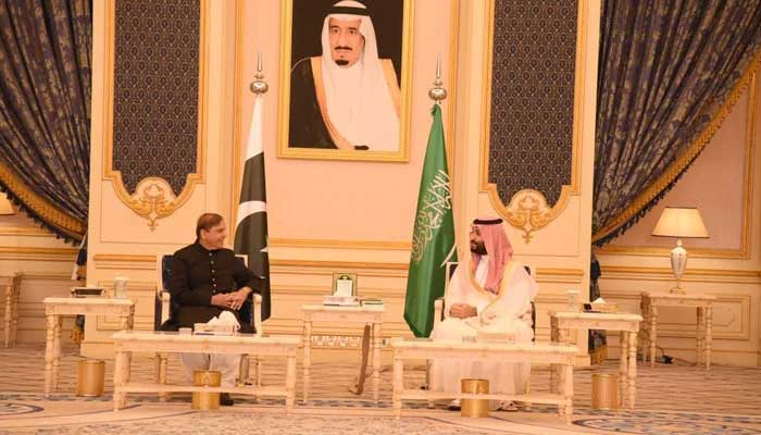 Prime Minister Shehbaz Sharif (L) in a meeting with Saudi Arabia’s Crown Prince Mohammad Bin Salman in an undated picture. — X/@ @PakPMO