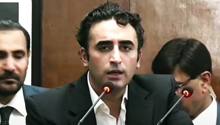 PPP Chairman Bilawal Bhutto Zardari is addressing a ceremony on September 24, 2024. — Screengrab via Geo News