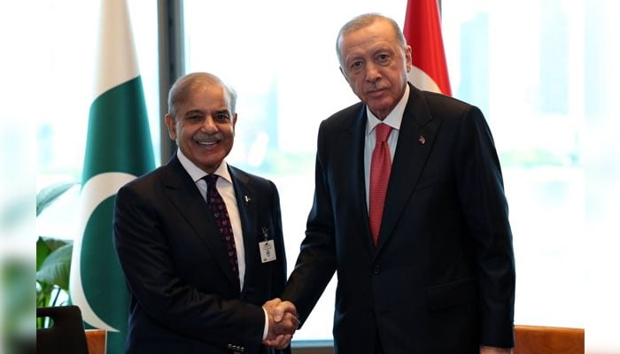 Prime Minister Shehbaz Sharif (left) shakes hands with Turkish President Recep Tayyip Erdogan during a meeting on the sidelines of the 79th session of the UN General Assembly on September 24, 2024. — X/@CMShehbaz