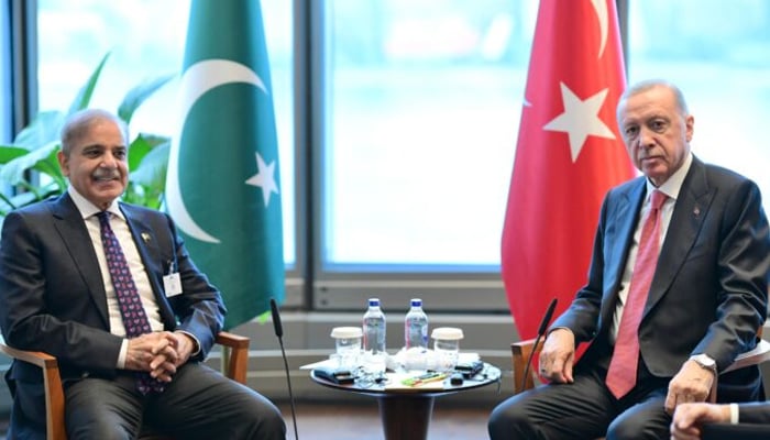 PM Shehbaz Sharif (left) meets Turkish President Recep Tayyip Erdogan on the sidelines of 79th session of the United Nations General Assembly in New York. — APP