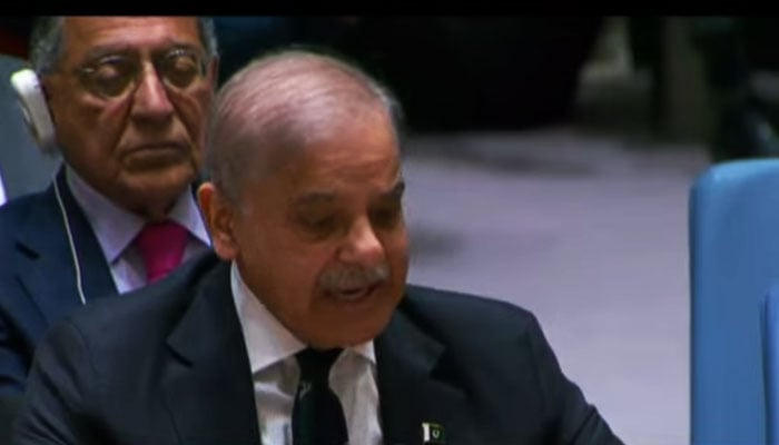 Prime Minister Shehbaz Sharif delivers a statement during the high-level open debate of United Nations Security Council on Leadership for Peace on the sidelines of the 79th session of the United Nations General Assembly in New York on September 25, 2024. — Geo News/screengrab