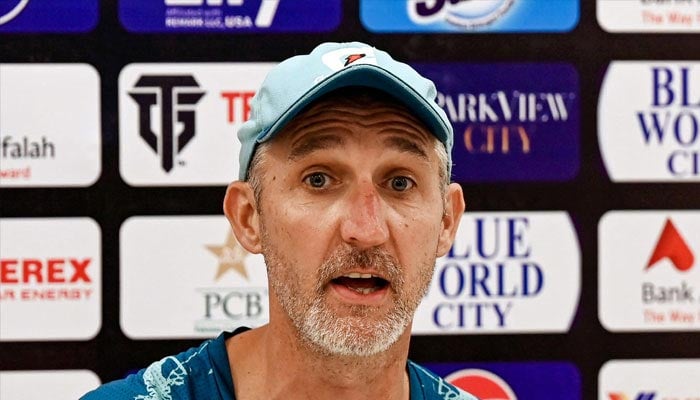 Pakistan´s cricket head coach Jason Gillespie attends a press conference at the end of the fourth day of the second and last Test cricket match between Pakistan and Bangladesh, at the Rawalpindi Cricket Stadium in Rawalpindi on September 2, 2024. — AFP