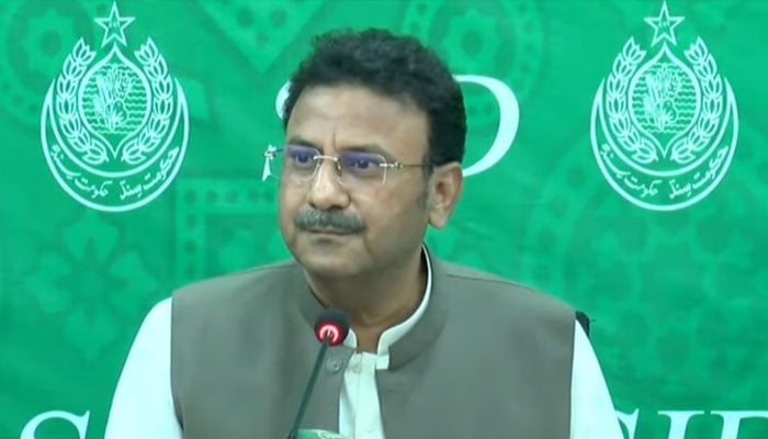 Sindh Home Minister Ziaul Hassan Lanjar addressing a press conference in Karachi on September 26, 2024. — Screengrab via YouTube/Geo News