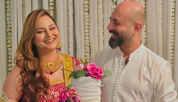 Senior Pakistani actress Juvaria Abbasi (left) poses for pictures with her second husband Adeel Haider on their Nikah day. — Instagram/@juvariaabbasi