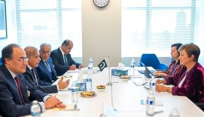 IMF Managing Director Kristalina Georgieva (right) meets PM Shehbaz Sharif-led delegation  on the sidelines of the UNGA session in this image released on September 27, 2024. — X/@KGeorgieva