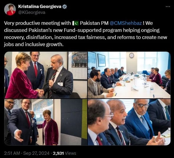 IMF MD Kristalina Georgieva meets PM Shehbaz Sharif-led delegation in this image released on September 27, 2024. — X/@KGeorgieva