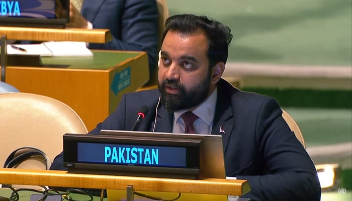 Pakistan Counsellor Gul Qaiser Sarwani addressing the debate titled ‘Leadership for Peace’, held under the UNSC on September 27, 2024. —Screengrab/ YouTube/ @unitednations