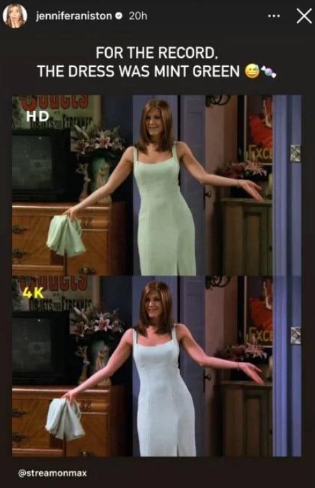 Jennifer Aniston sets record straight on iconic Friends dress colour