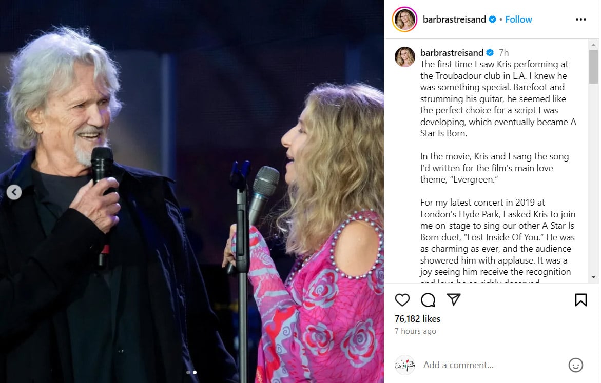 Barbra Streisand honors A Star is Born co-star Kris Kristofferson