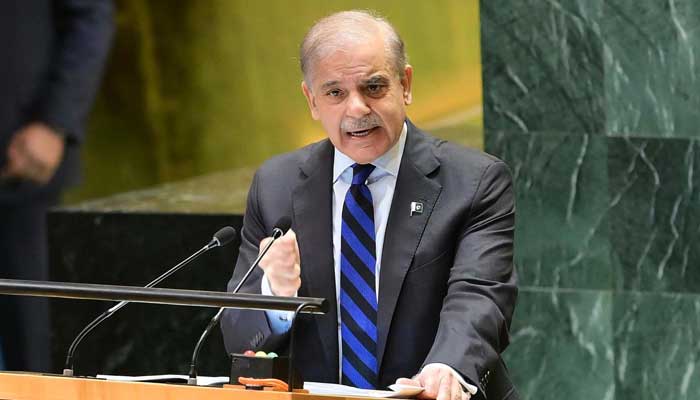 Prime Minister Shehbaz Sharif addresses the UN General Assembly in New York, US on September 27, 2024. — PID