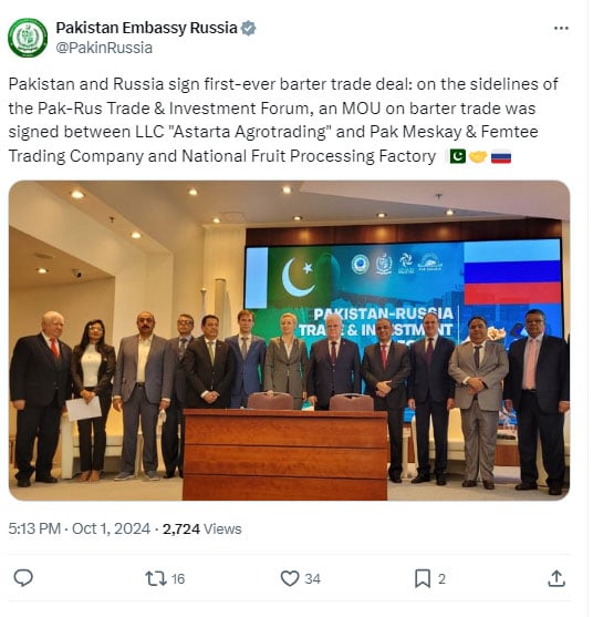 In a first, Pakistan, Russia ink barter trade deal