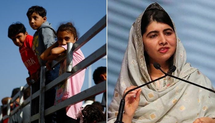 Gaza children travelling in search of safety on a truck (left) and Malala Yousafzai addresses a session. — Reuters/File