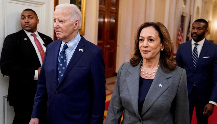 US President Joe Biden and Democratic presidential nominee Vice President Kamala Harris walk to deliver remarks on gun violence in America, at the White House in Washington, US on September 26, 2024. — Reuters