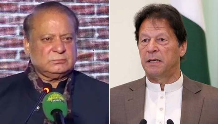 PML-N President Nawaz Sharif (left) addresses the ceremony in Lahore on October 2, 2024, while another photo shows PTI founder Imran Khan. — Screengrab via Geo News/Reuters/File