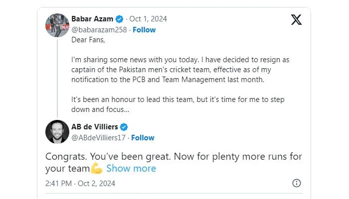 AB de Villiers reacts on Babar Azams resignation