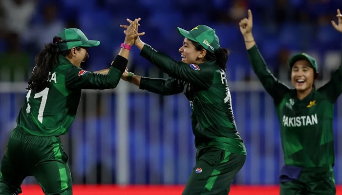 Pakistan women cricket team celebrating after taking a wicket against Sri Lanka in the Womens T20 World Cup 2024 on October 3, 2024 at the Sharjah Cricket Stadium. — PCB