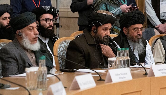 Mullah Abdul Ghani Baradar, Talibans deputy leader and negotiator, and other delegation members attend the Afghan peace conference in Moscow, Russia March 18, 2021. — Reuters