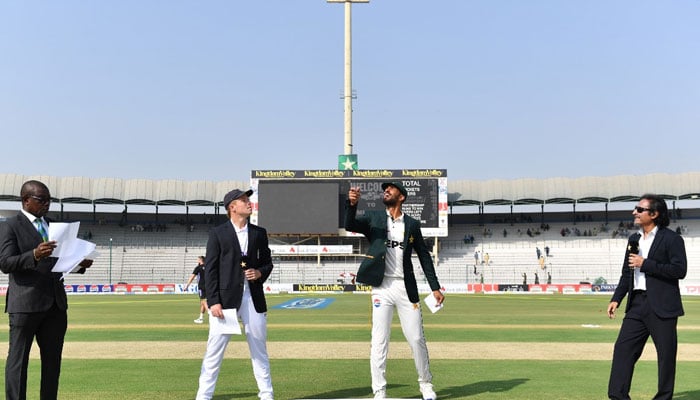 Pakistan skipper Shan Masood flips the coin in the toss for the first Test against England on October 7, 2024. — Facebook/@PakistanCricketBoard