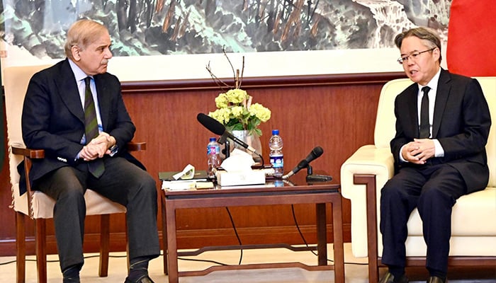 PM Shehbaz Sharif meets Chinese Ambassador Jiang Zaidong at the Embassy of the Peoples Republic of China in Islamabad on October 7, 2024. — PID