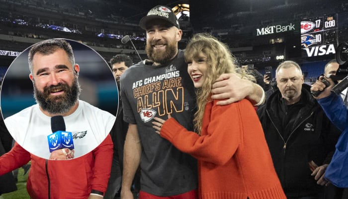 Jason Kelce shows support for Travis Kelce and Taylor Swift during his commentary of NFL game